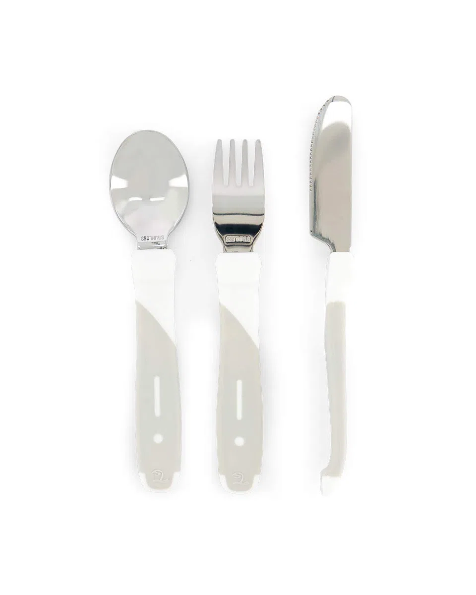 Twistshake Posate Bambini Acciaio Inox 12+ Mesi | Cucchiaio + Forchetta + Coltello | Set Svezzamento Educativo | Posate Apprendimento Neonati | Senza BPA | Bianco