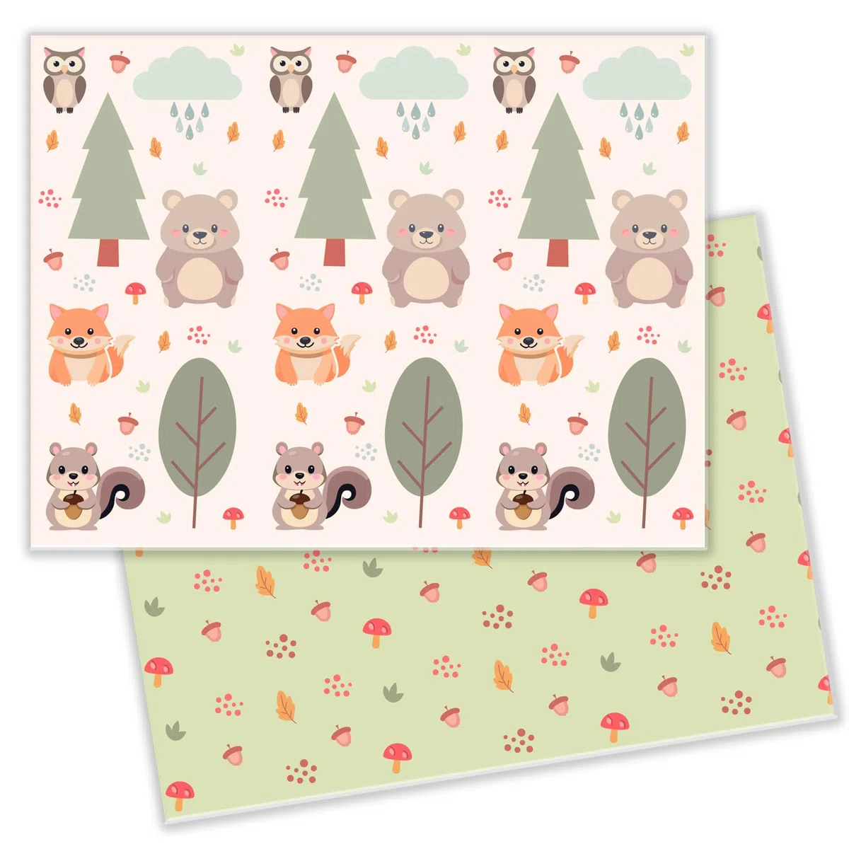 Tappetino Gioco per Bambini Pieghevole, 200x150 cm, Spessore 10mm, Motivo Bosco con Animali, Verde
