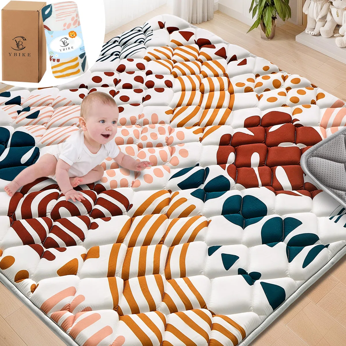 YBIKE Tappetino Gioco Pavimento, 119x119cm Grande Tappeto Pieghevole Antiscivolo Spesso, Morbido Tappeto Portatile, Lavabile in Lavatrice (Foglie Boho)