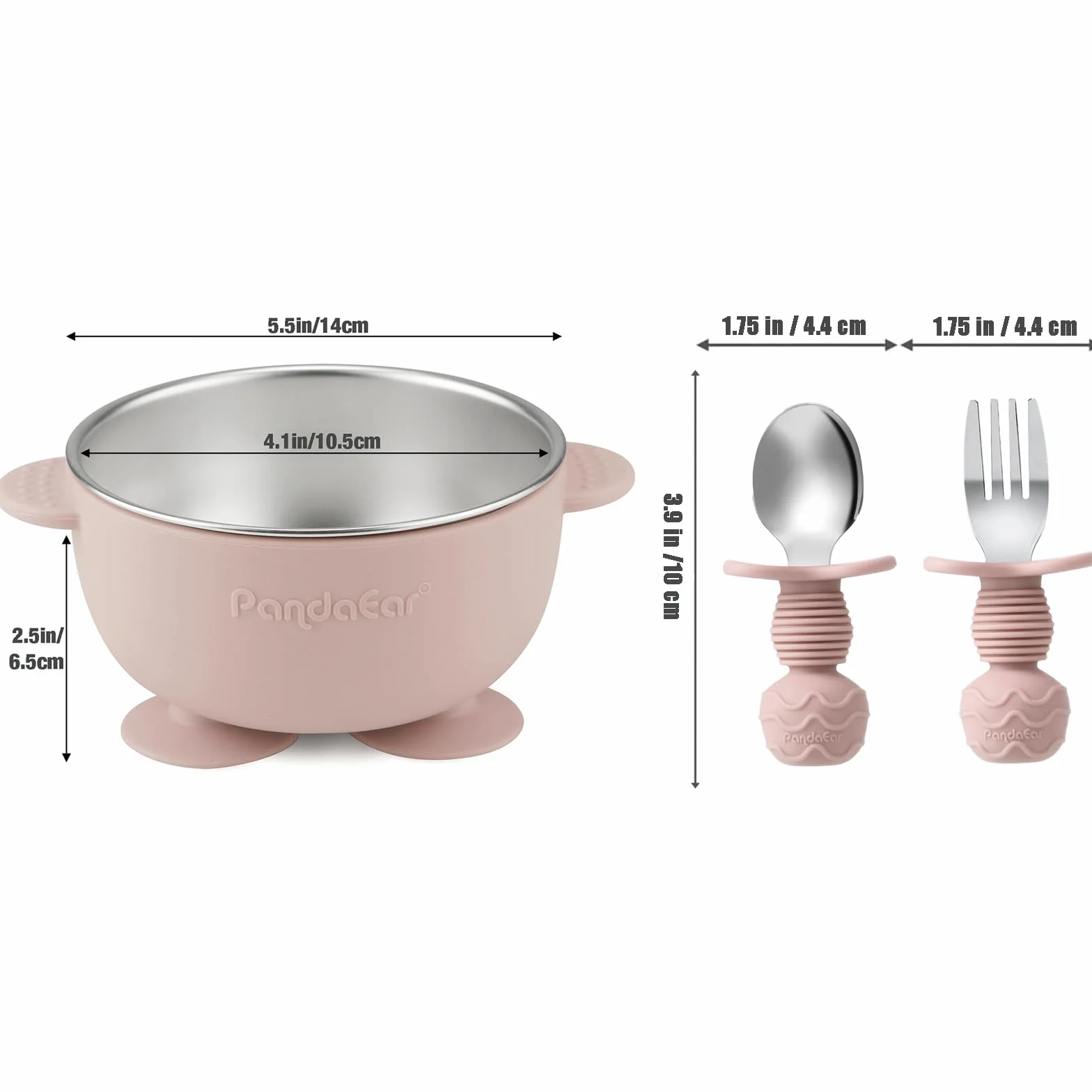 PandaEar Set da 8 Pezzi per l’Alimentazione del Bambino | Piatti e Ciotole con Ventosa in Acciaio Inox con Cucchiaio e Forchetta in Silicone | Set Svezzamento per Bambini e Neonati (Rosa e Blu)