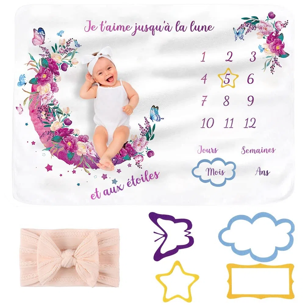 Coperta Mesi Neonato, con 4 Cornici per Foto Per Maschio O Femmina,Tema Luna Regalo Baby Shower Personalizzato Per Neomamme Copertina Bambino 130x100cm