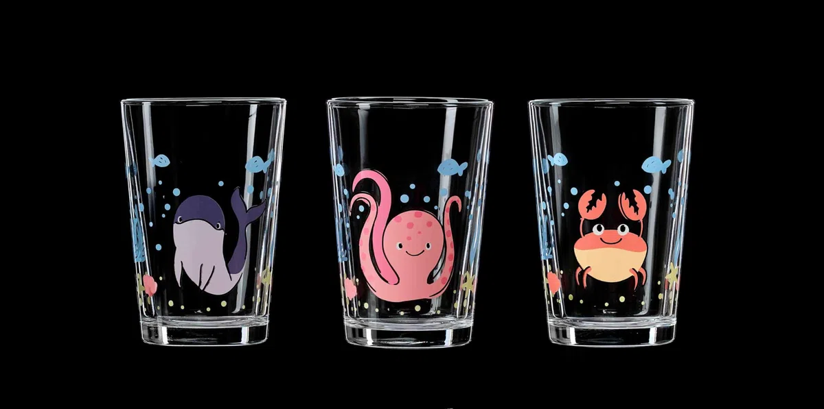 Ritzenhoff & Breker Set di 3 bicchieri per bambini da 205 ml, motivo: animali, calamari, delfino/cancro, lavabili in lavastoviglie