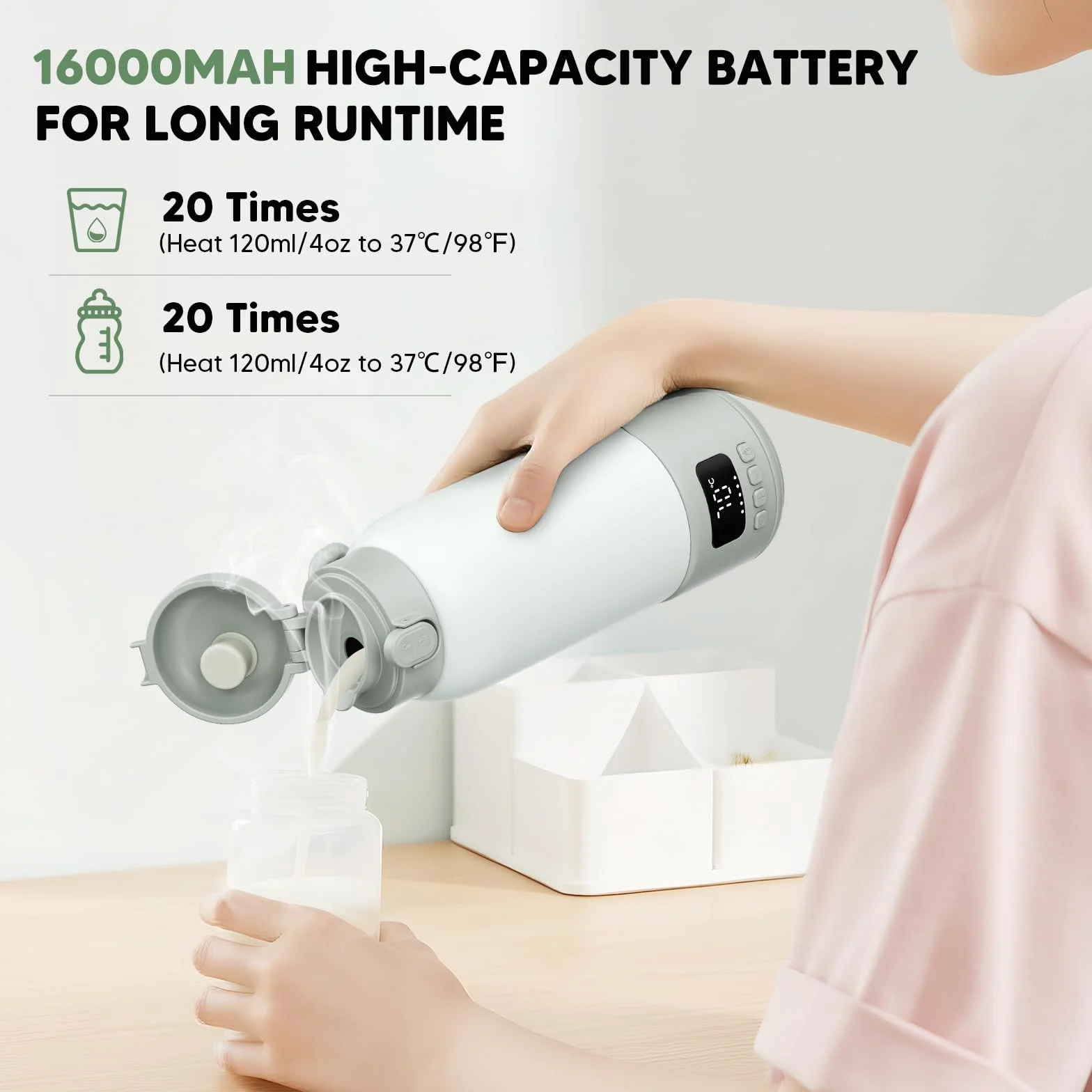 Scaldabiberon Portatile, Scalda Biberon Neonato Portatile Senza Fili con Funzione di Autopulizia, Scaldalatte Portatile Neonato 16000mAh, Riscaldamento Rapido, Capacità 500ml, 3 Modalità, per Viaggi