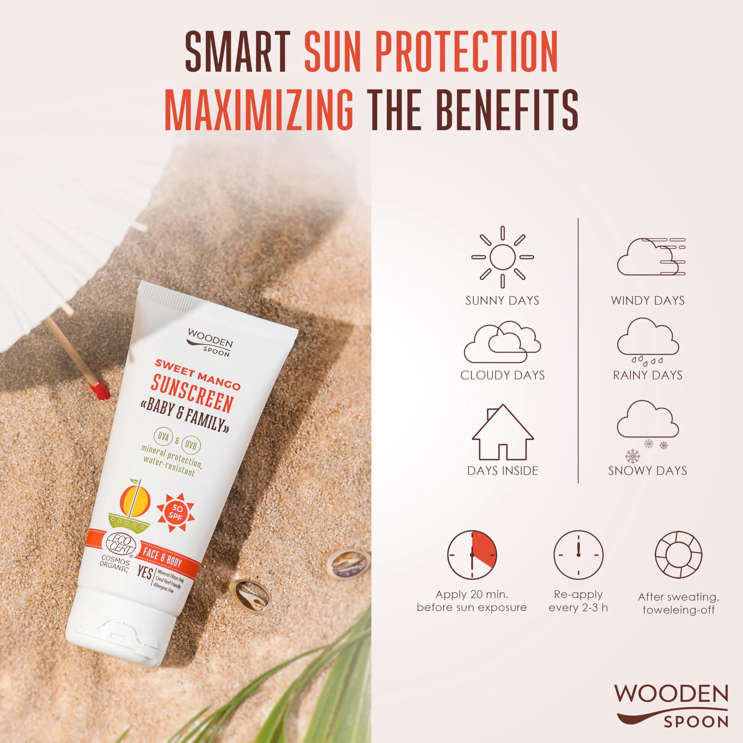 Wooden Spoon Crema Solare Biologica Baby & Family “Sweet Mango” SPF 50 – 100% Naturale, Zinco Invisibile, Senza Aloni Bianchi, Ipoallergenica, Vegana, Resistente all’Acqua – 150 ml