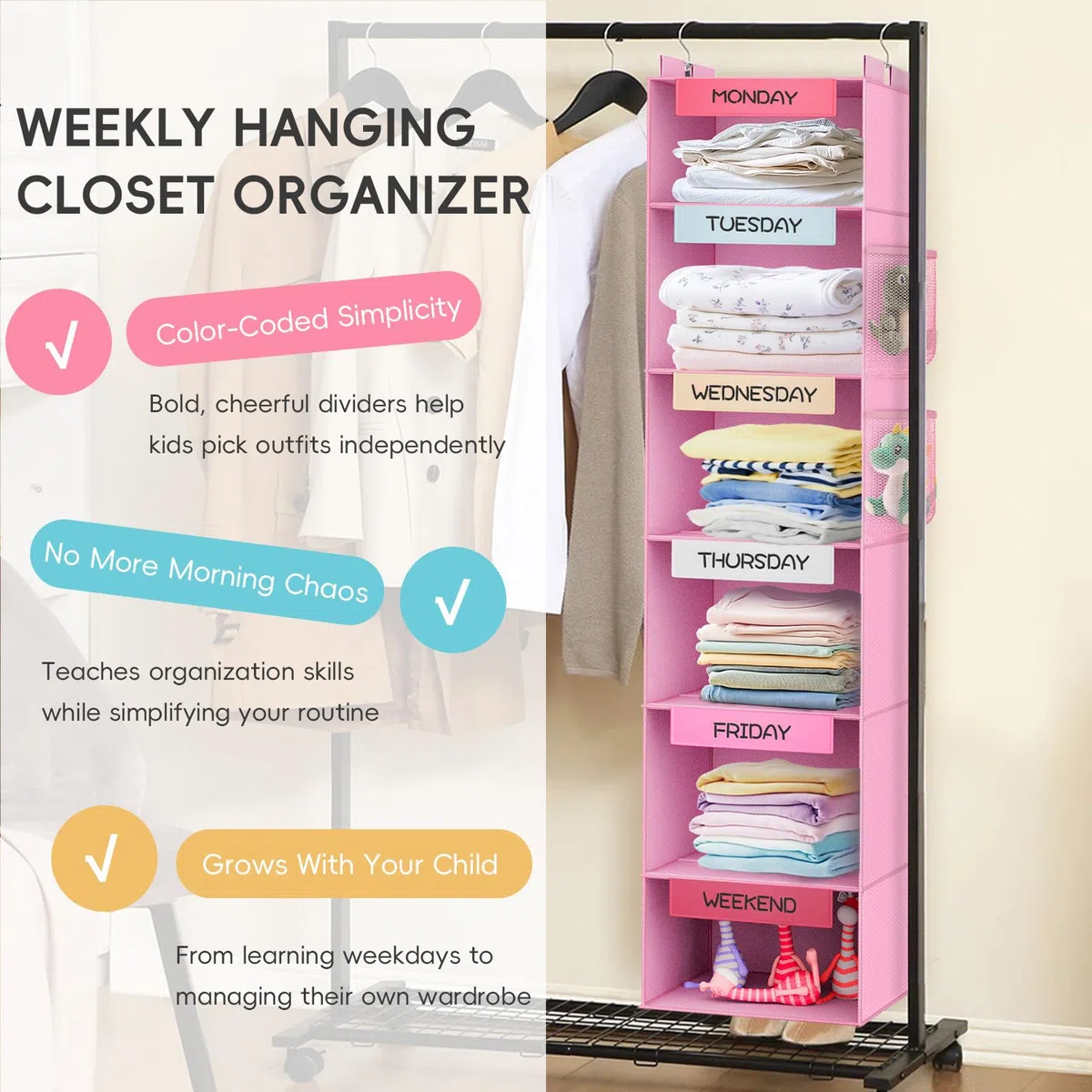 Organizer settimanale per bambini, organizer per armadio a 6 ripiani con 2 tasche laterali, organizer per vestiti per giorni della settimana, con etichettatura giorni della settimana dal lunedì al