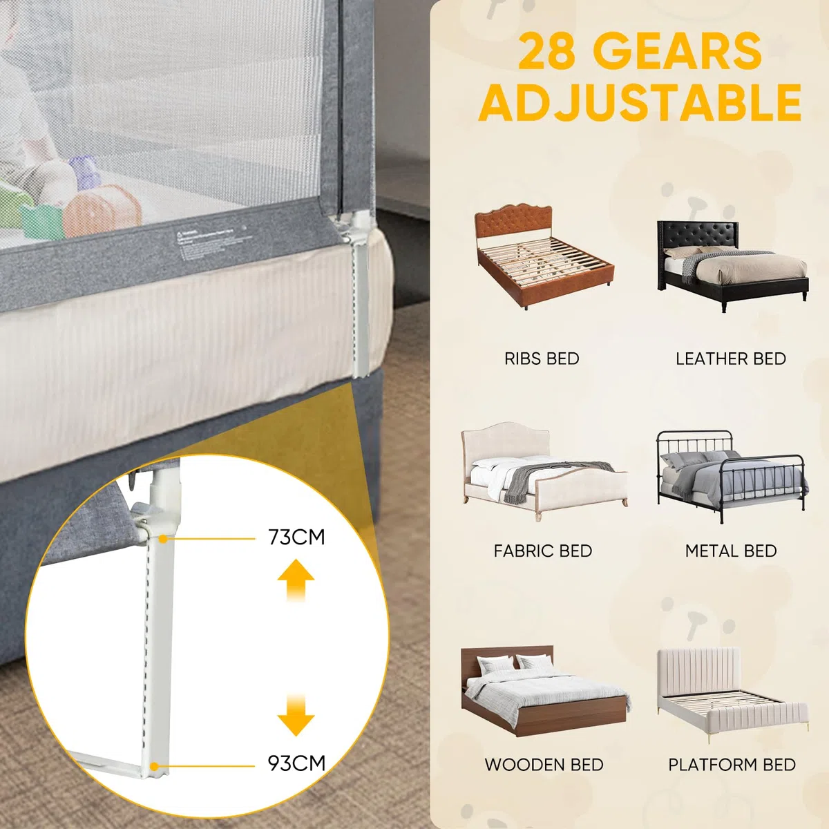 Sponde Letto Bambini，150 cm Barriera Letto Bambini，Sponda di Sicurezza per Bambini con Doppio Blocco di Sicurezza per Bambini, Altezza Regolabile，protezione da caduta，1PCS(Grigio)
