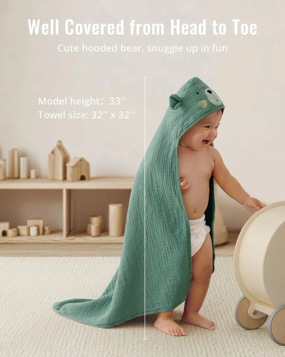 Blissful Diary Asciugamano da bagno in mussola con cappuccio per bambini, confezione da 2, morbido e assorbente, per neonati e bambini piccoli, unisex, regalo per neonati, elementi essenziali per
