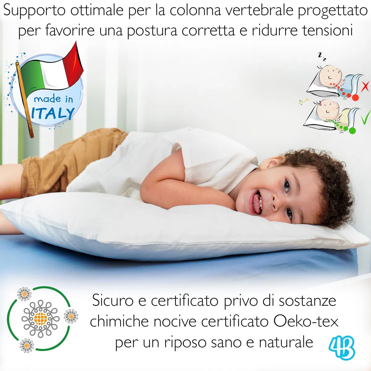 4BABIES - Cuscino Lettino Bambino 40x60, Cuscino per Bambini Traspirante Anallergico con rivestimento in Cotone 100% Italiano, Antiacaro Ipoallergenico per culla