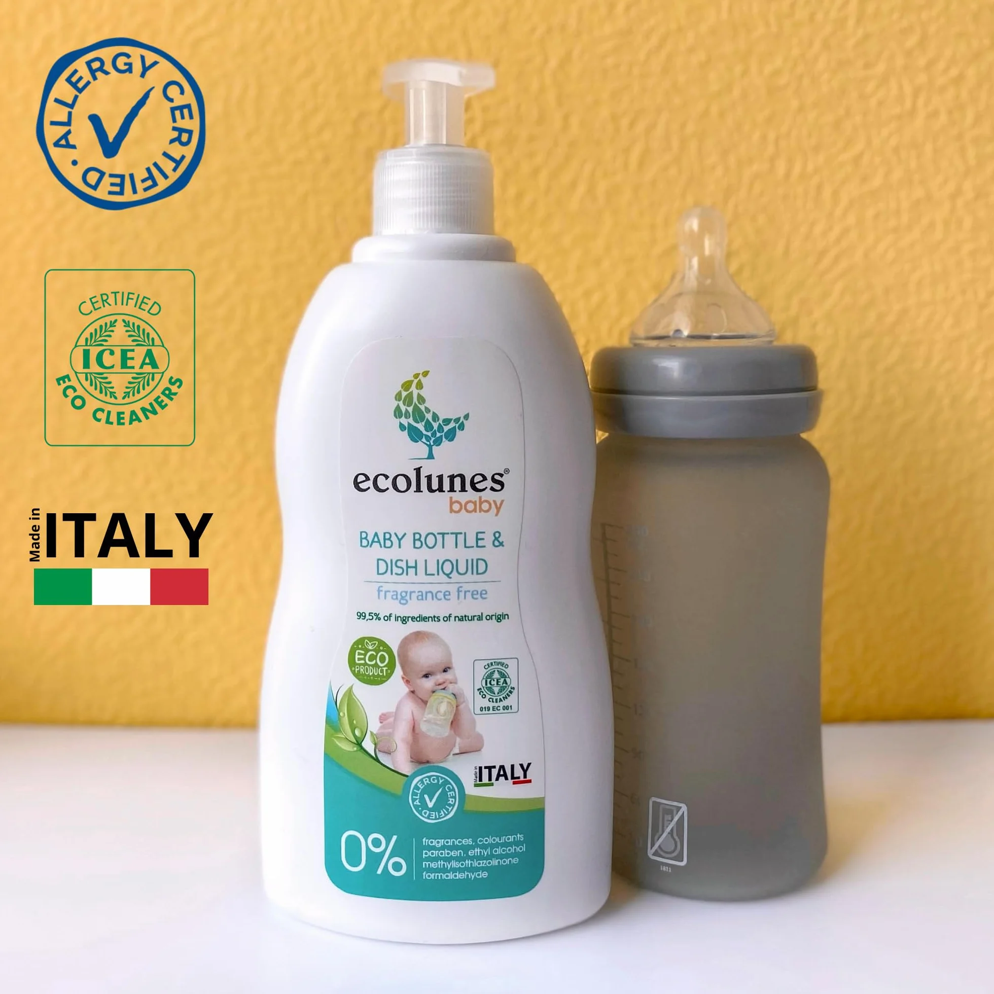 Ecolunes Liquido per biberon e piatti senza profumo 99,5% di ingredienti di origine naturale, non provoca allergie, realizzato con detergenti di origine vegetale, dermatologicamente testato, 750 ml