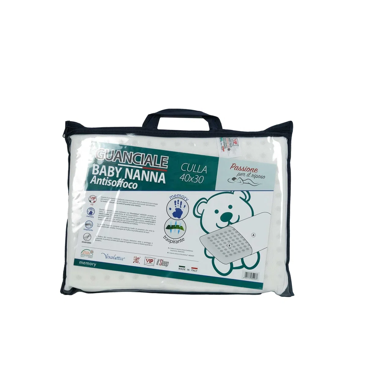 Cuscino neonato per culla anti-soffoco in viscolattice. Made in Italy