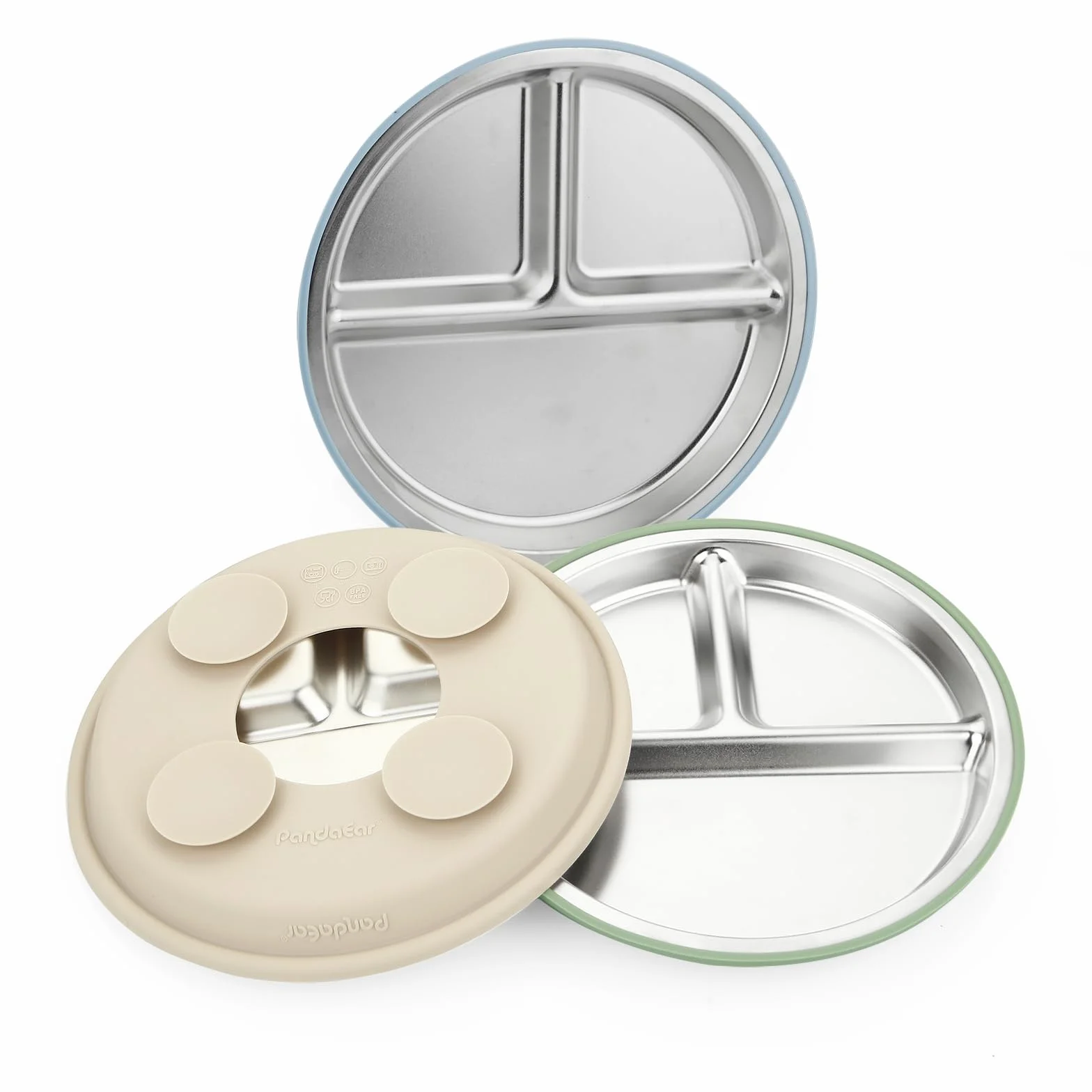 PandaEar Set da 3 Piatti in Acciaio Inossidabile per Bambini con Suzione, Piatti Divisi per Bambini per lo Svezzamento Autonomo, Set di Alimentazione Antiscivolo (Blu/Verde/Marrone)