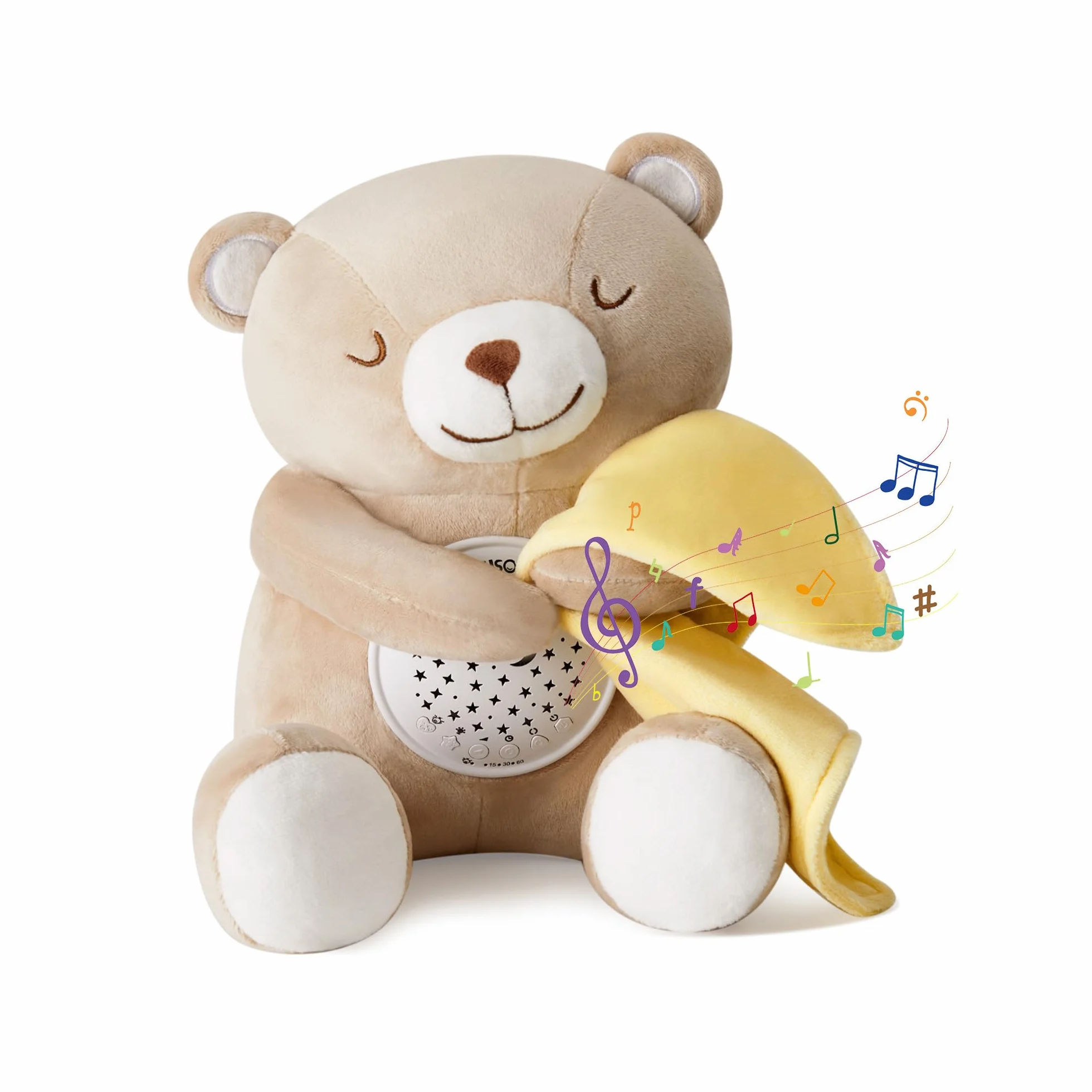 APUNOL Carillon Neonati, Peluche per Nanna, Luce Notturna Bambini Ricaricabile USB Regalo Neonate Giocattolo Teddy con Sensore di Pianto, Proiettore Stele e Rumori Bianchi