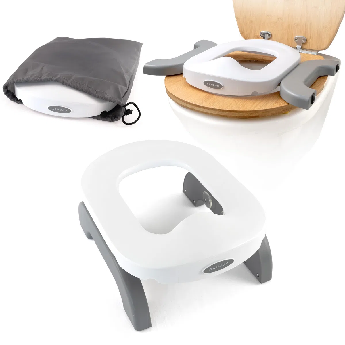 Zamboo Vasino Portatile 3 in 1 – Vasino da viaggio & riduttore WC pieghevole per bambini dai 15 mesi | vasino mobile per casa & in viaggio, utilizzabile con sacchetti di plastica usa e getta – Grigio