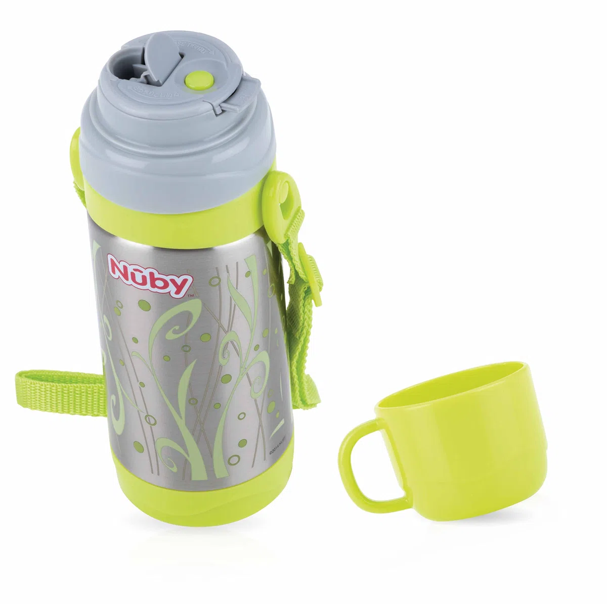 Nuby Borraccia termica per bambini con Bicchiere - con tracolla e facile da trasportare, adatta per la scuola e lo sport - Grigio