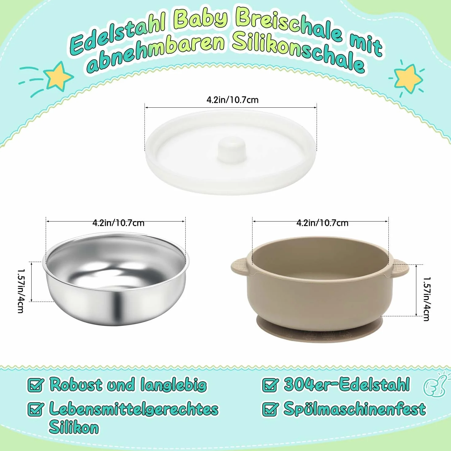 3 ciotole in acciaio inox con ventosa e coperchio, in acciaio inox, per bambini, antiscivolo, per porridge e snack, senza BPA, lavabile in lavastoviglie