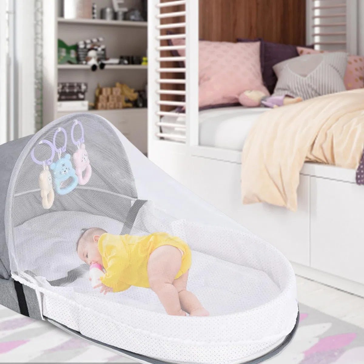 Lettino Da Viaggio Culla Per neonatis - Culla Pieghevole | Con Zanzariera, Nido Accogliente, Lettino Per Bambini | Culla Portatile Per Bambini Con Giocattoli Per Lo Sviluppo E Rete Traspirante
