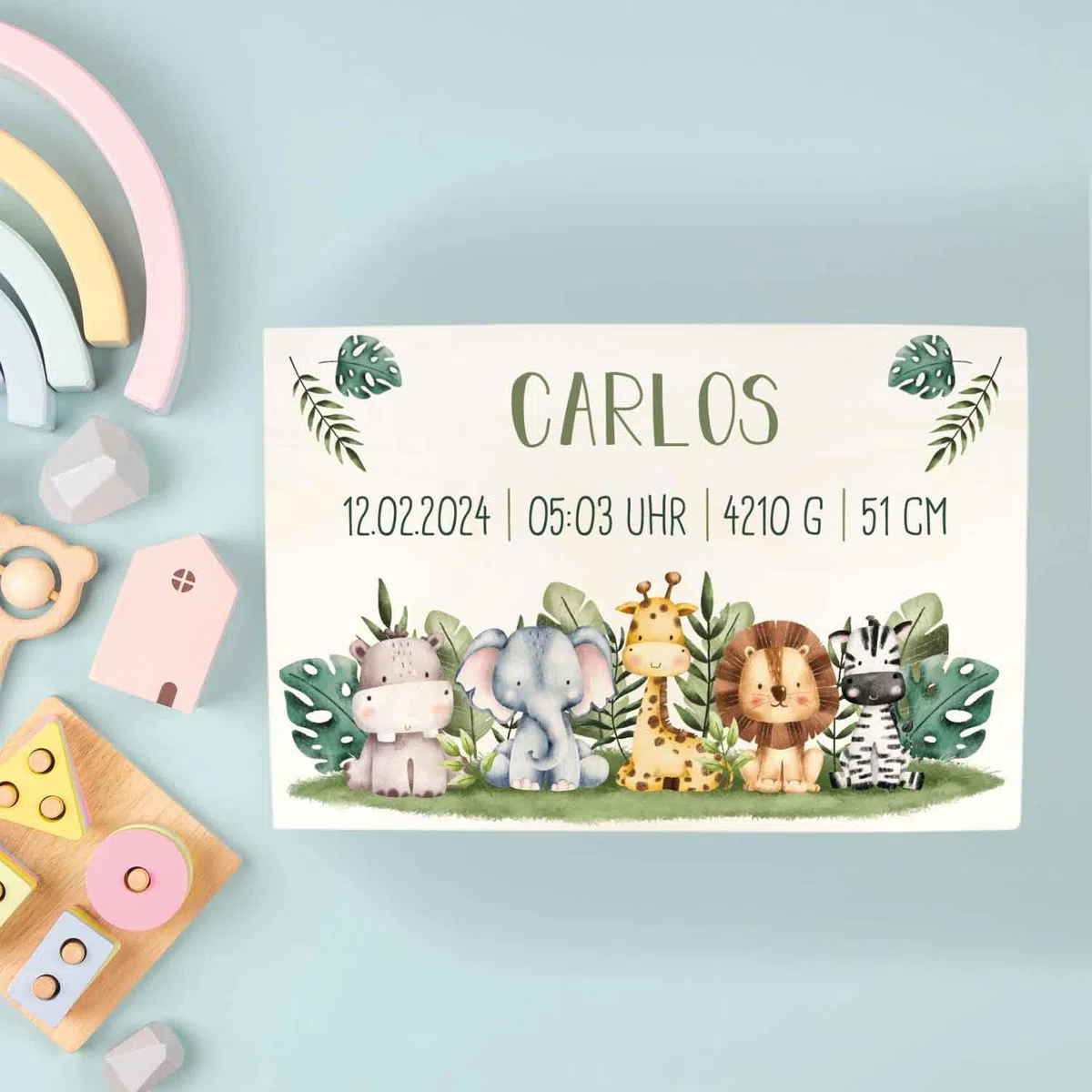 GRAVURZEILE Cassetta dei ricordi personalizzata per bambini – Gruppo di animali Safari – Personalizzata con nome e data – Scatola di legno per ragazze e ragazzi – Regalo per nascita – Scatola dei