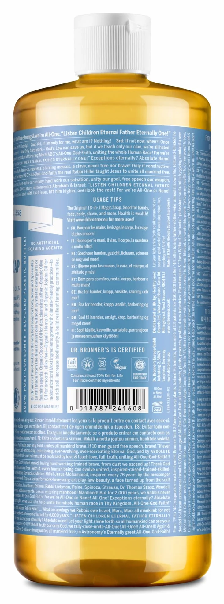 Dr. Bronner's Sapone Liquido Bio senza profumo 945 ml