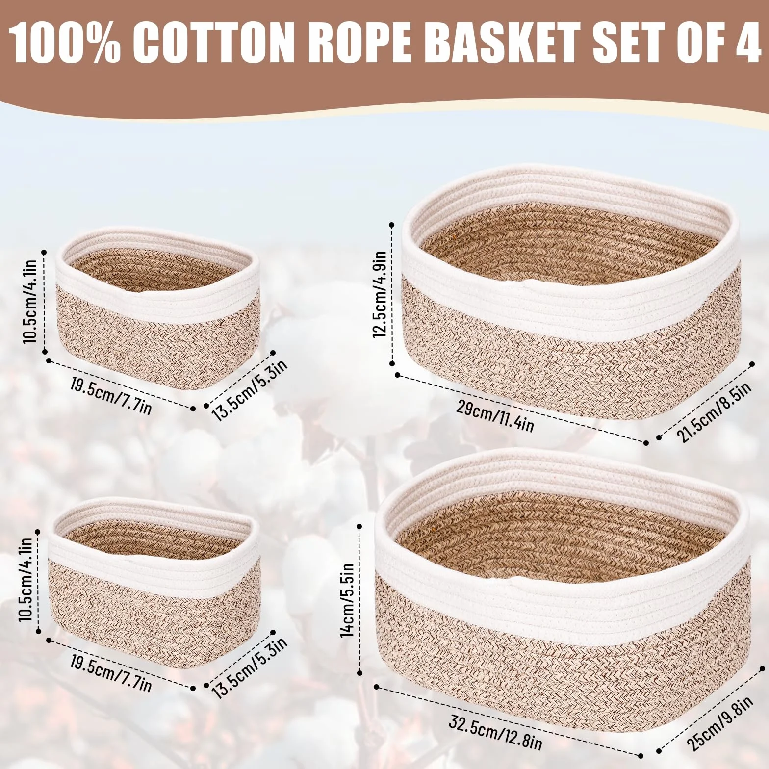 Set di 4 Cestini Portaoggetti Intrecciato in Corda di Cotone –Organizer Fasciatoio,Cesto Portaoggetti,Cestini impilabili per bagno, cameretta, fasciatoio, giocattoli, cosmetici e decorazioni