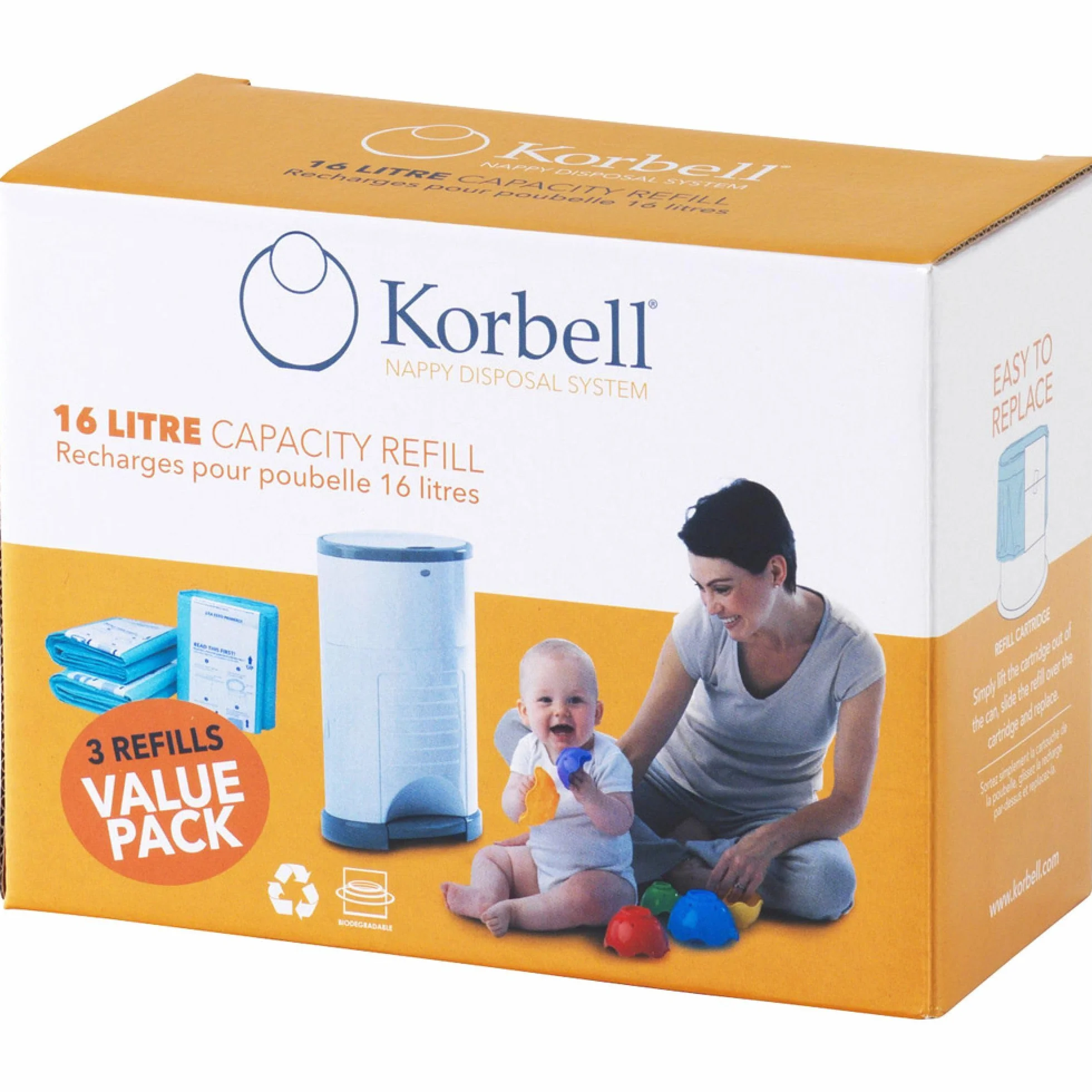 Korbell KR250DR3B Cestino di Ricarica - Standard - 16 L - X3 - Biodegradabile - Controllo Degli Odori - Capacità di 240 Strati, Verde