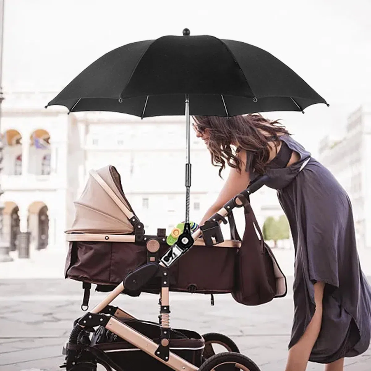 Passeggino parasole con supporto: ombrellone passeggino, universale, diametro 84 cm, protezione UV 50+, flessibile, girevole e inclinabile, Nero