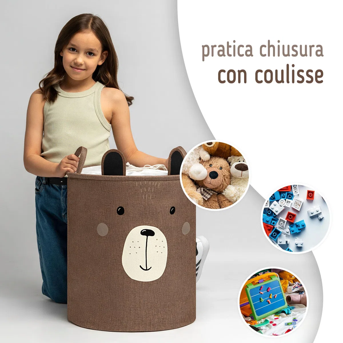 SIPO Cestino giocattolo Premium, XXL 63 l, marrone Bear, organizer pieghevole con coulisse, impermeabile, maniglie, design scandinavo