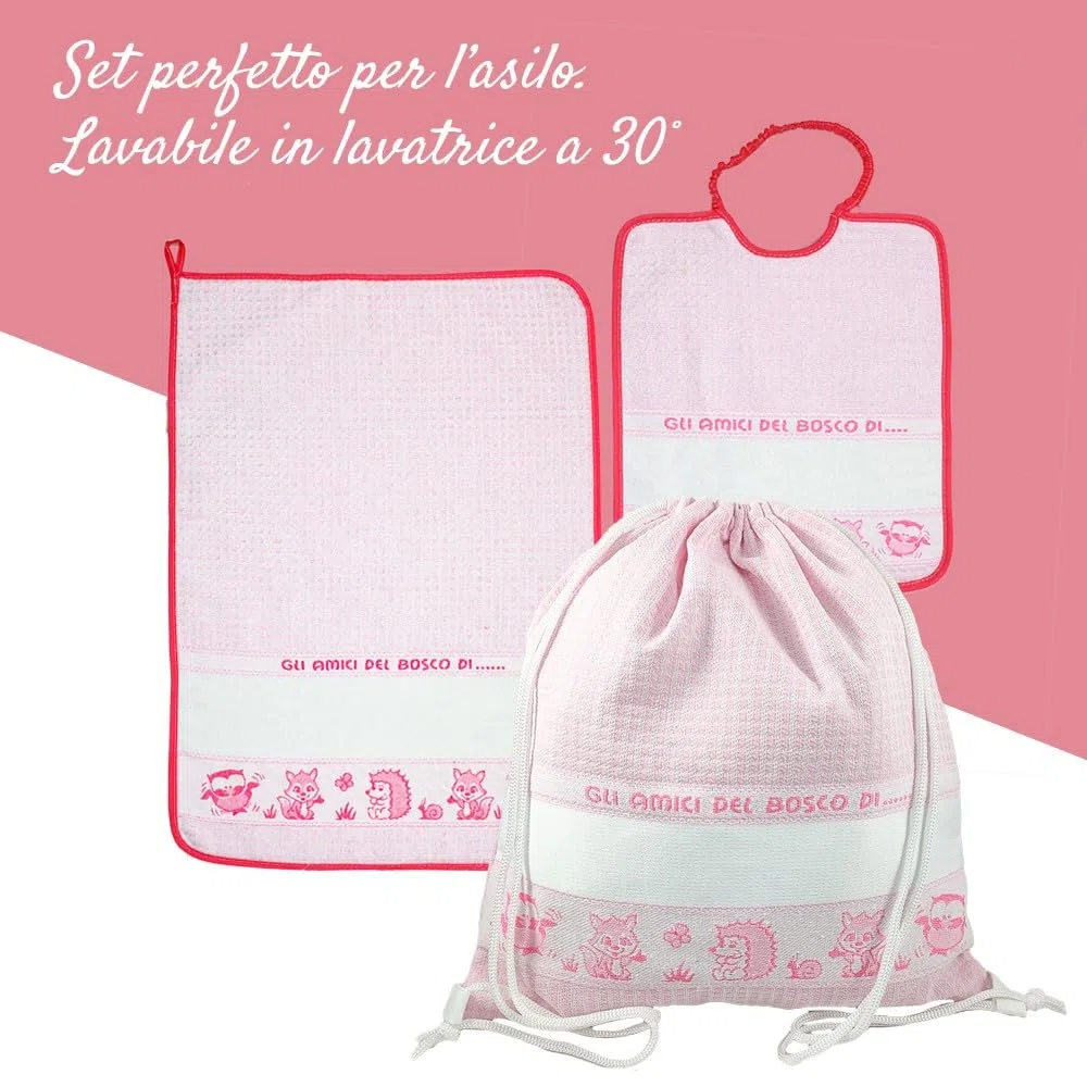 Bubabù SET ASILO PERSONALIZZATO BOSCO composto da 3 pezzi: bavaglino spugna con elastico cm.28x33, asciugamano cm.40x55, zainetto con fascia PERSONALIZZATI Cotone 100% Made in Italy