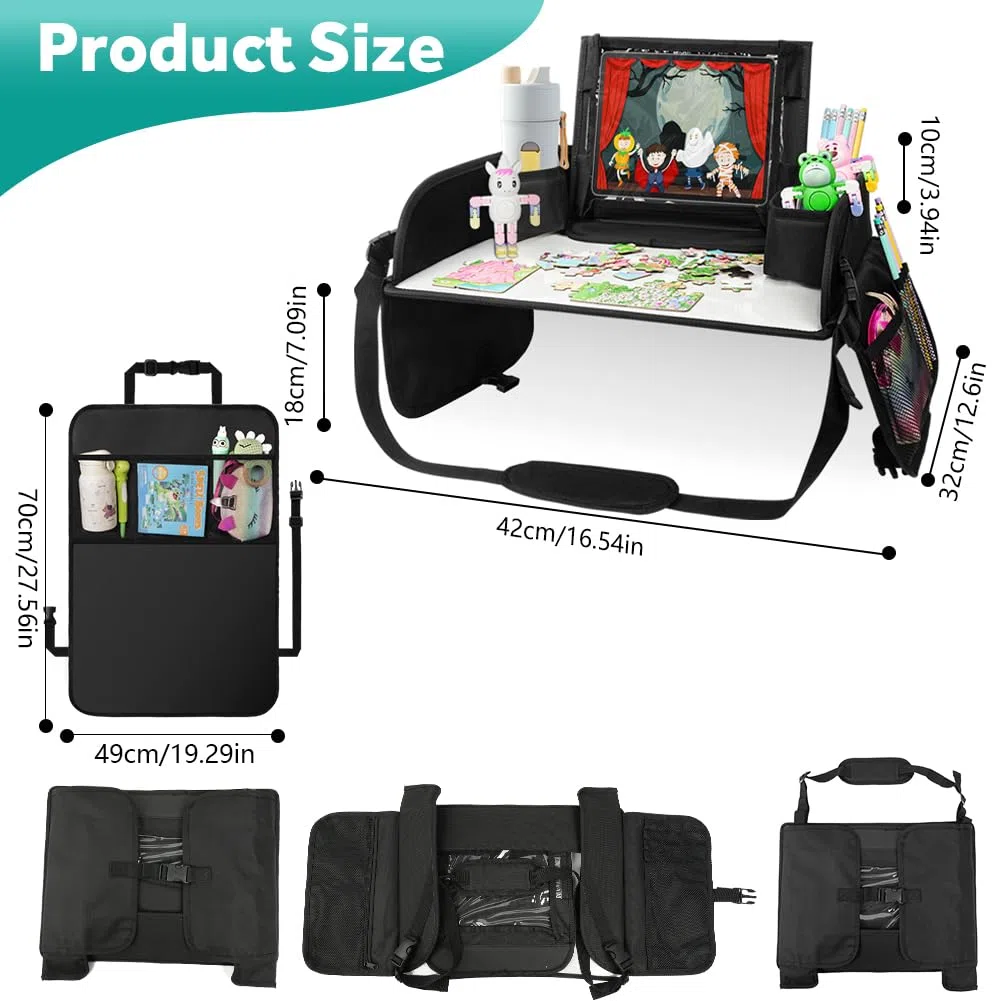 Set combinato 1 Vassoio da Viaggio e 1 Protezione Sedili Auto,Tavolino Auto Bambini, Vassoio Portatile per Tablet, Studiare/Disegnare in Macchina per Ragazze e Maschi (Pacchetto Combinato Nero)