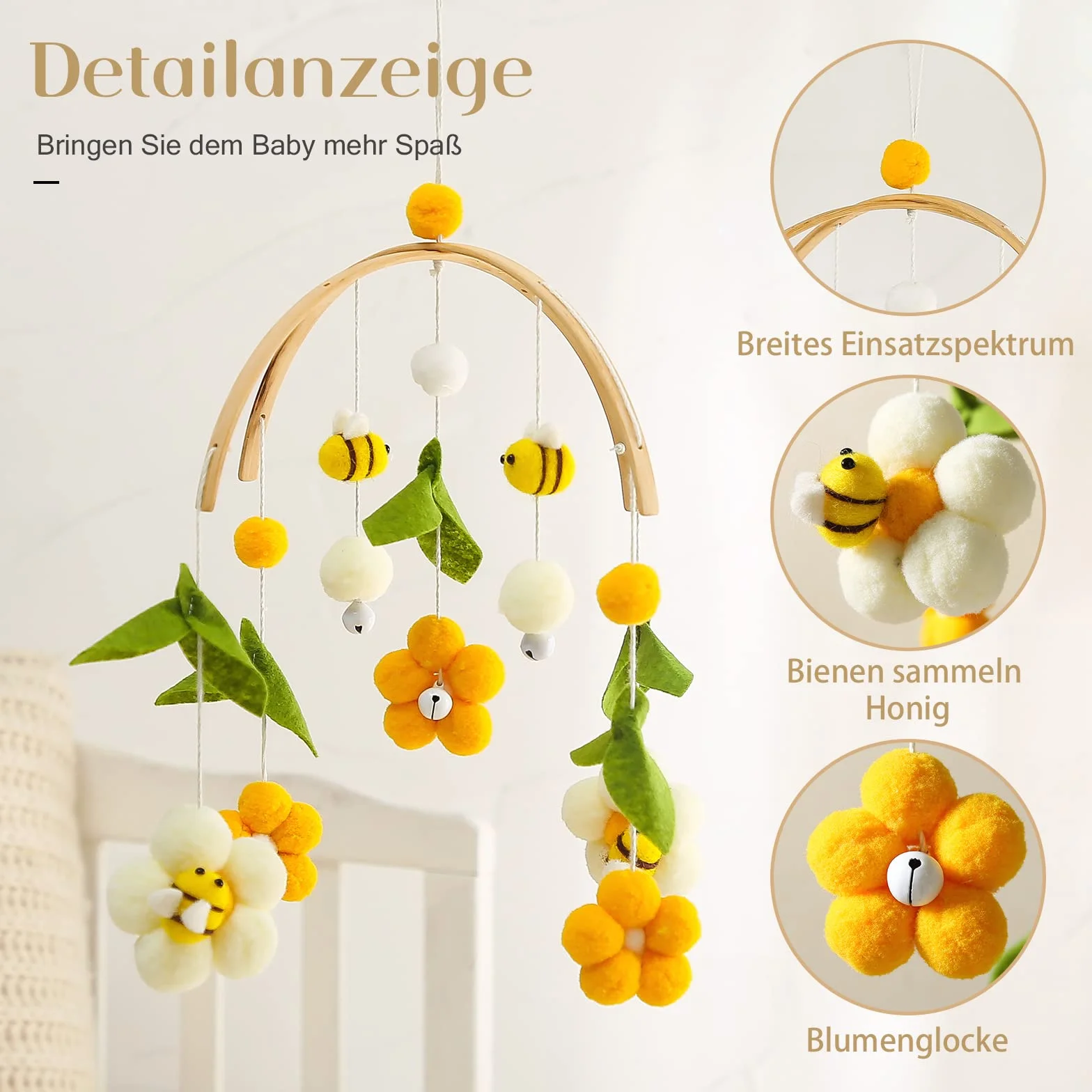 let's make Giostrina in legno con palline, fiori + foglie verdi + api scacciapensieri, mobile per ragazzi e ragazze, decorazione per la casa fresca regalo (ape)