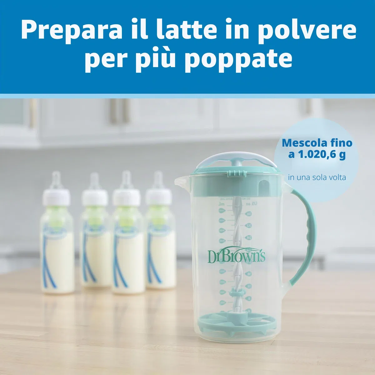 Dr. Brown's Brocca per miscelazione con tappo regolabile, coperchio di bloccaggio e beccuccio senza gocciolamento, 32 once, senza BPA, blu