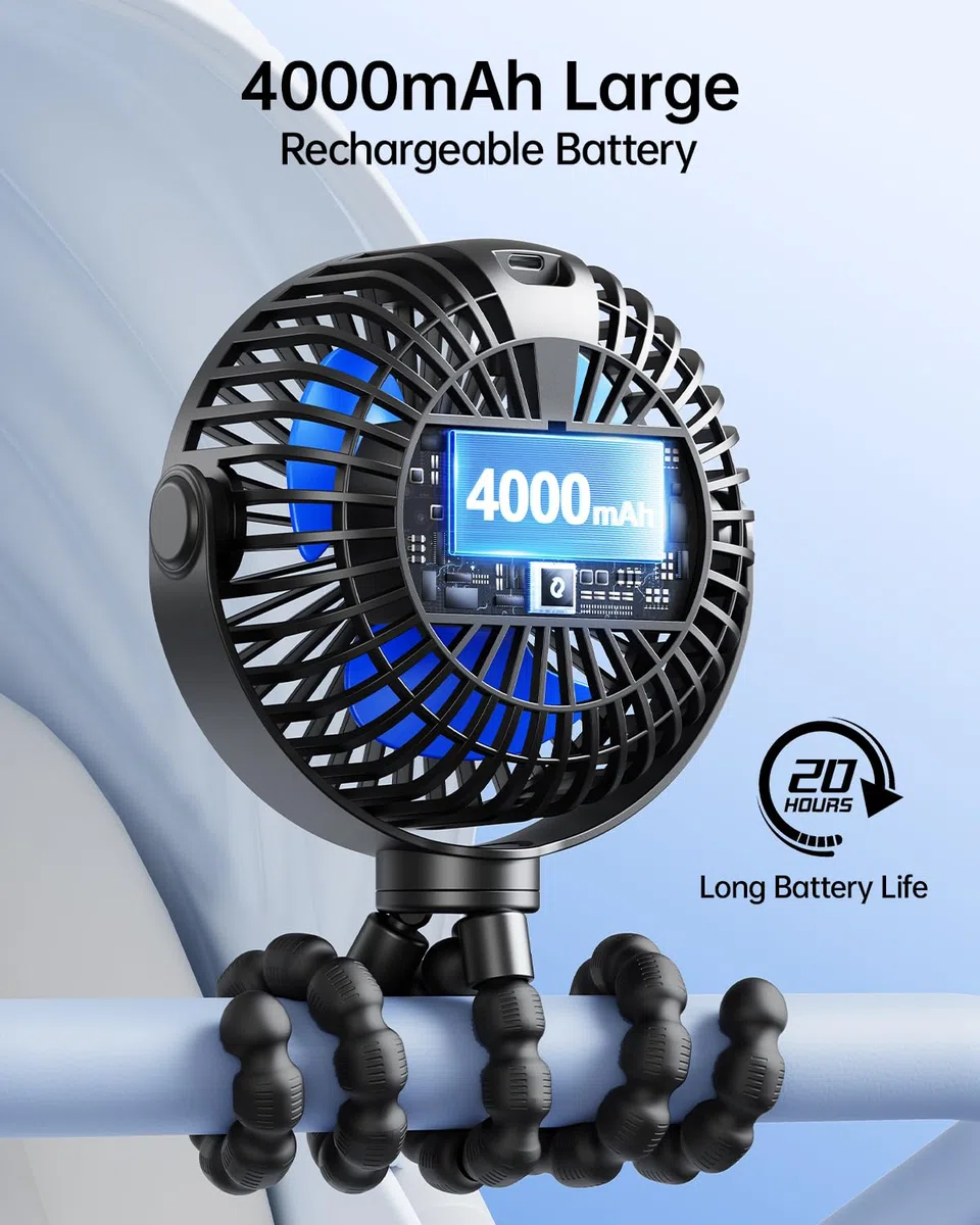 SWEETFULL Ventilatore per carrozzina, ventilatore per passeggino, 6000 mAh, portatile, per auto, mini ventilatore USB da scrivania, con treppiede flessibile, per culla, tapis roulant, bici da viaggio