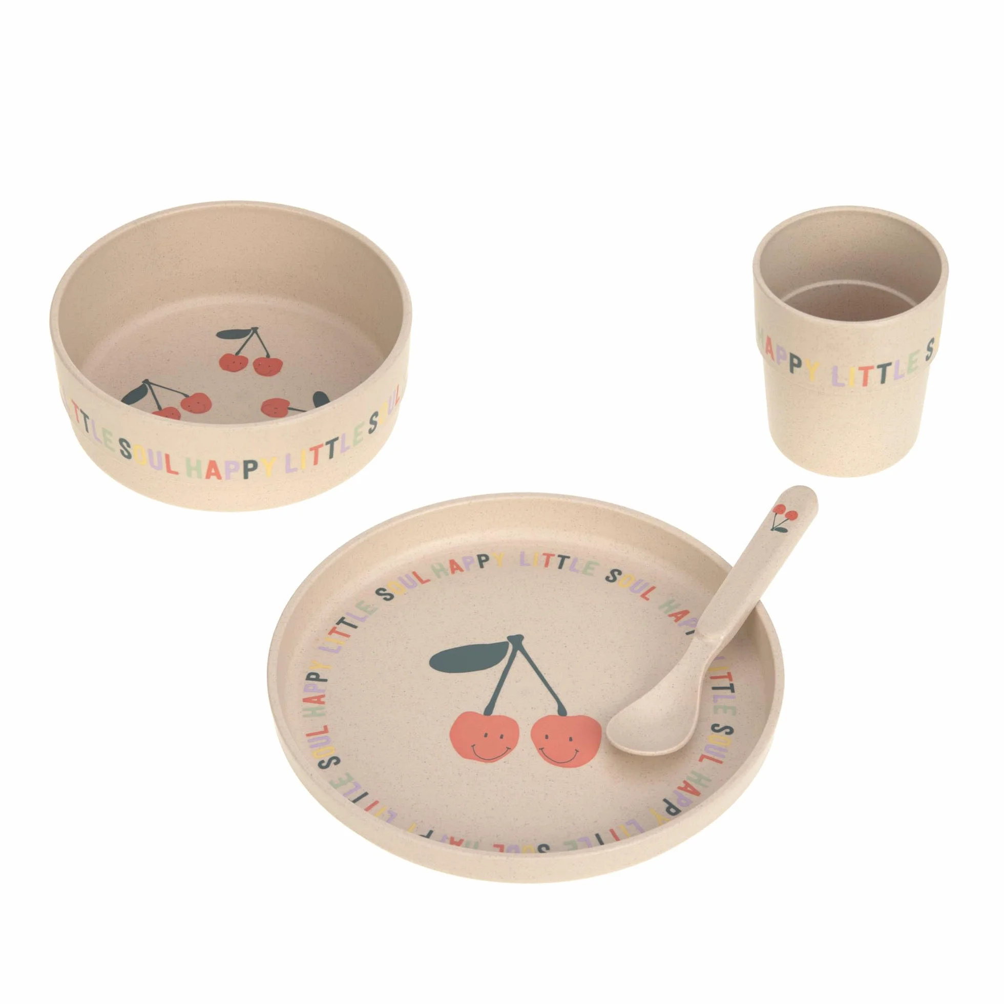 LÄSSIG Set di stoviglie per bambini (piatti, tazze, ciotole, cucchiai) senza melamina, senza BPA, lavabili in lavastoviglie e nel microonde/Dish Set Happy Fruits Cherry