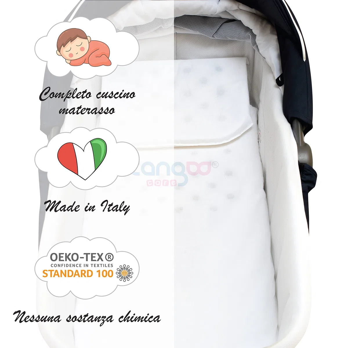 CANGOO CARE Completo Materasso E Cuscino Per Carrozzina, Navicella, Fori Di Sicurezza Traspiranti, Federa In Cotone 100%, Sanitizzato, Anallergico, Antibatterico, Sfoderabile, 72x33x4, Made In Italy