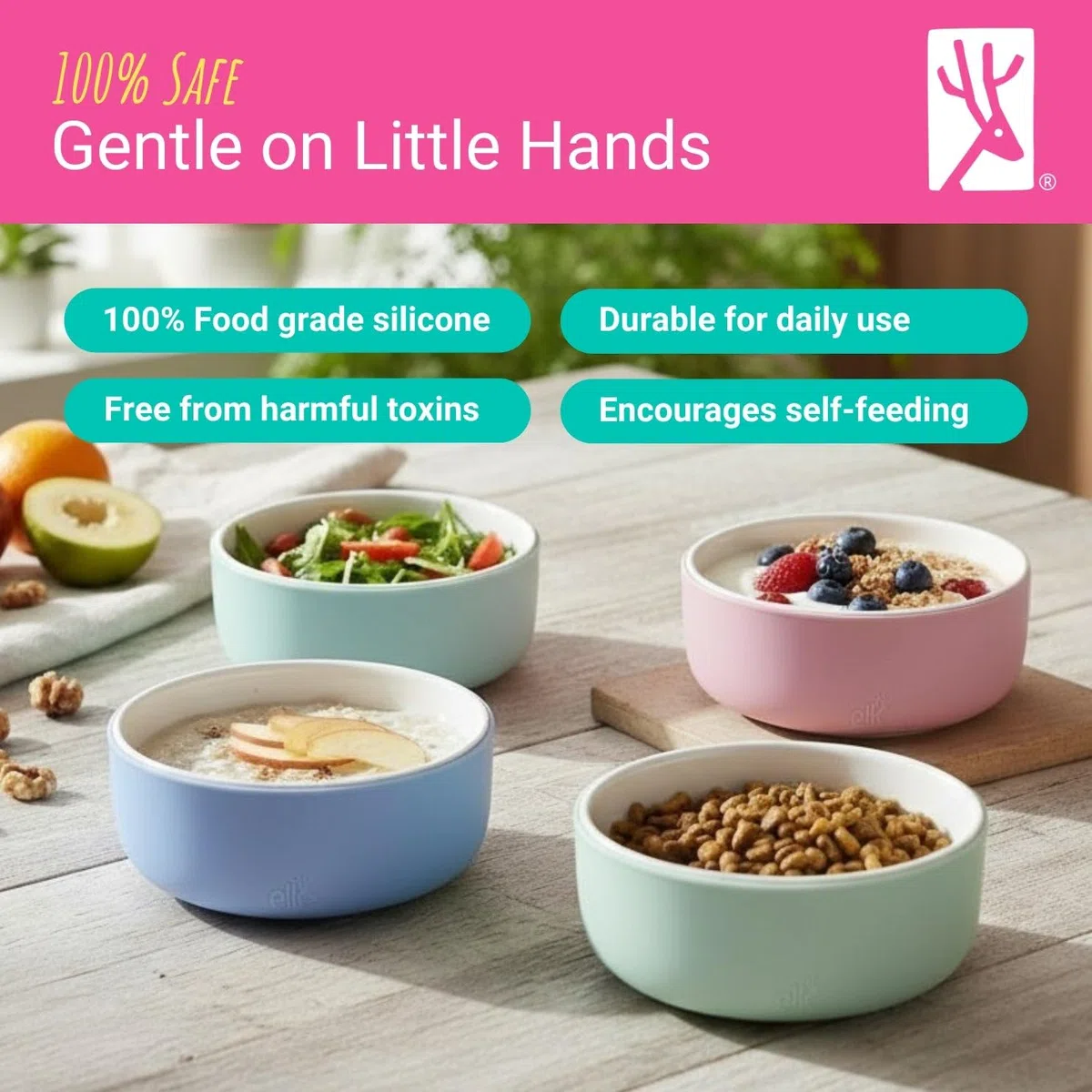 Elk and Friends Ciotole In Porcellana Per Bambini Con Rivestimento In Silicone Per Per L'Alimentazione Dei Neonati, Adatte Al Microonde E Alla Lavastoviglie, Snack E Stoviglie