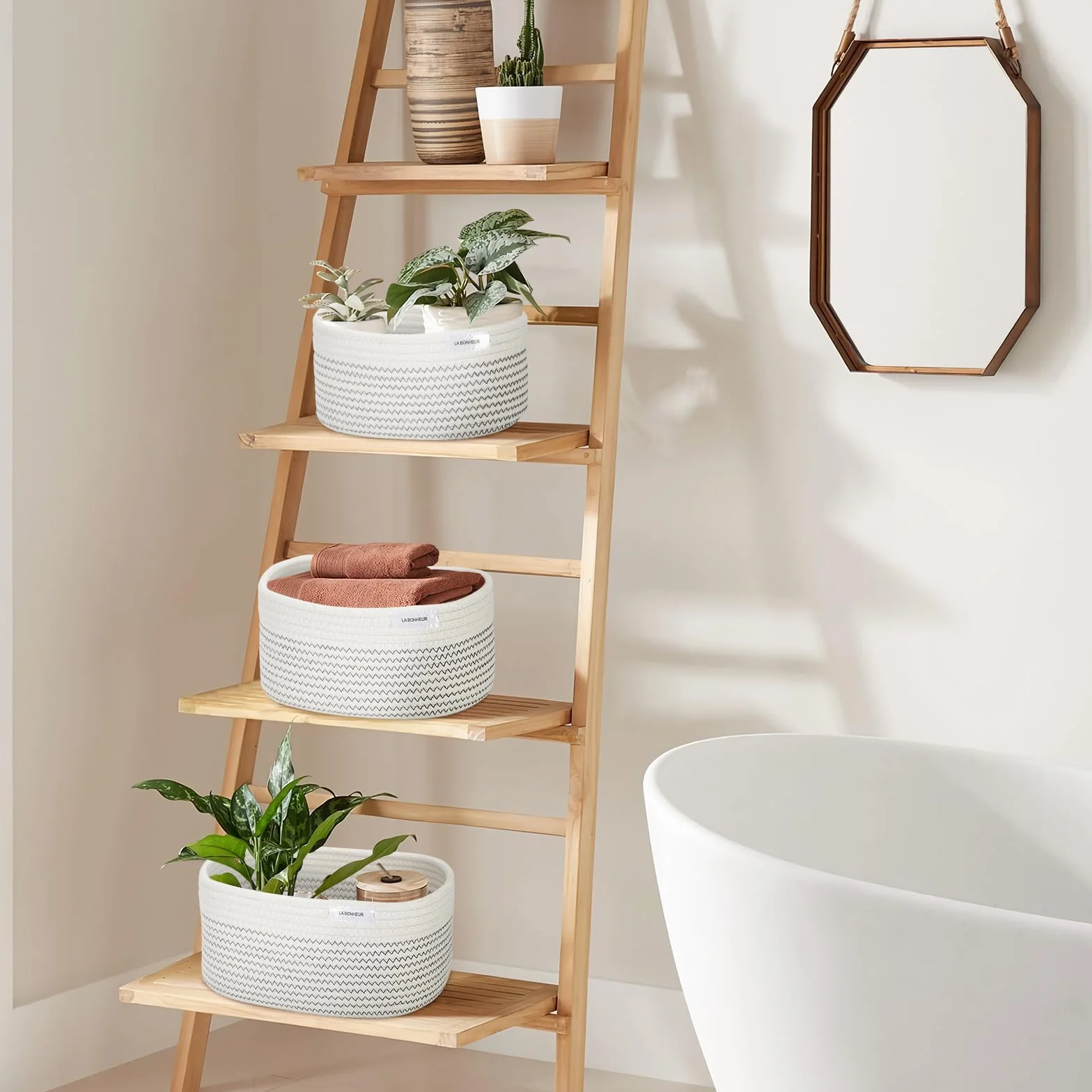 LA BONHEUR Cesto portaoggetti in corda di cotone intrecciato, 4 pezzi, per il bagno, fasciatoio, organizer per neonati,