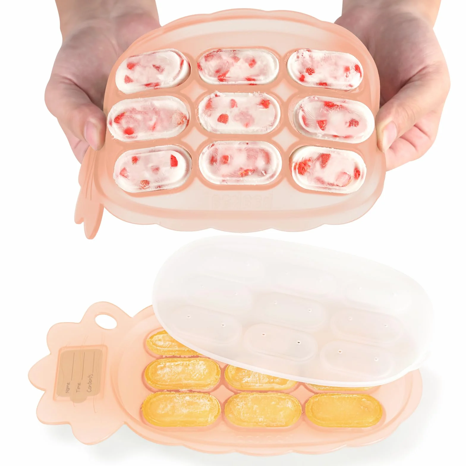 Haakaa Vassoi Alimentari Bambini, Stampo Ghiaccioli Dentizione in Silicone, Vassoio Cubetti Ghiaccio con Coperchio, Piatto Salsiccia Diviso, per Bambini 4m+，albicocca
