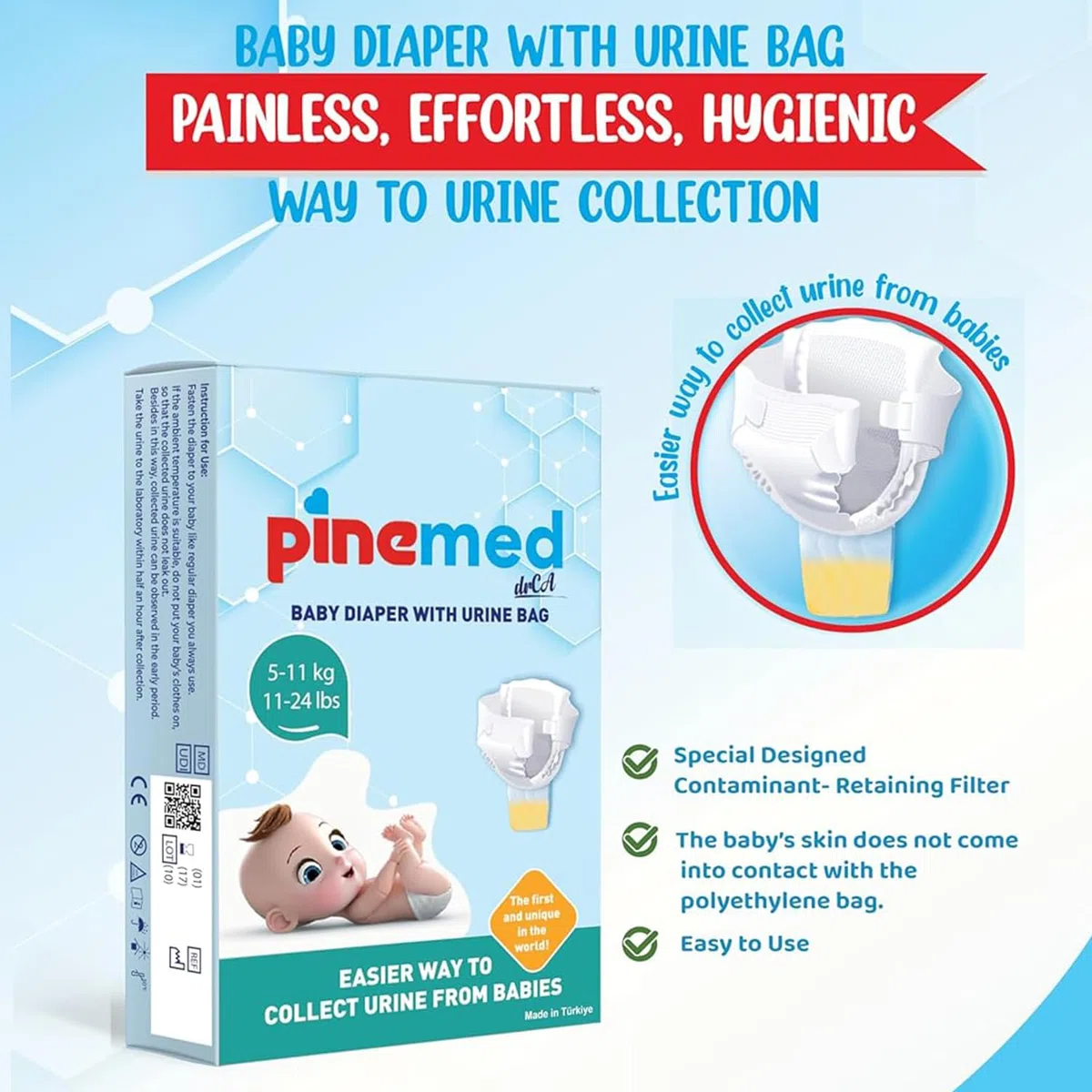 Pine Sacchetto per urina Med per bambini – pannolino usa e getta con sacchetto di raccolta delle urine integrato, ideale per campioni di urina per neonati e bambini, casa e clinica (L)