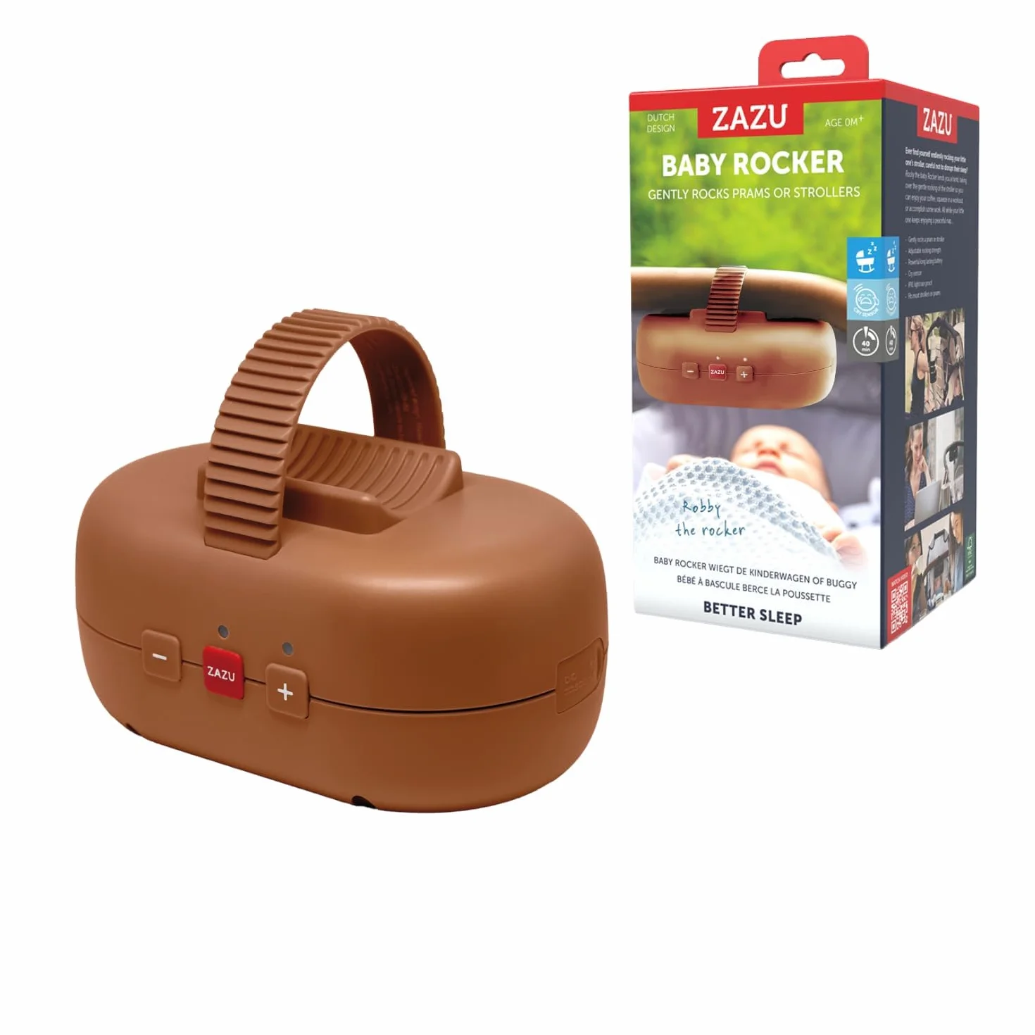 ZAZU Robby Bilanciere Automatico per Passeggini, Seggiolini Auto e Amache - Altalena Regolabile, Timer 40 Min, Sensore di Pianto, Ricaricabile USB-C, Resistente all'Acqua, Universale (Marrone)