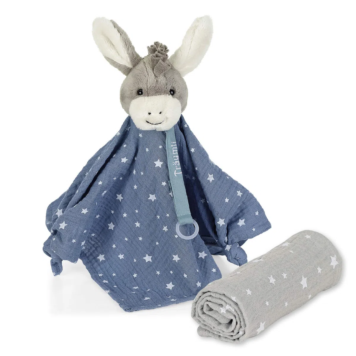 Set Sogni d'oro, Emmi L’Asinello, Pupazzo di pezza con porta-ciuccio e fazzoletto, Celeste/Grigio