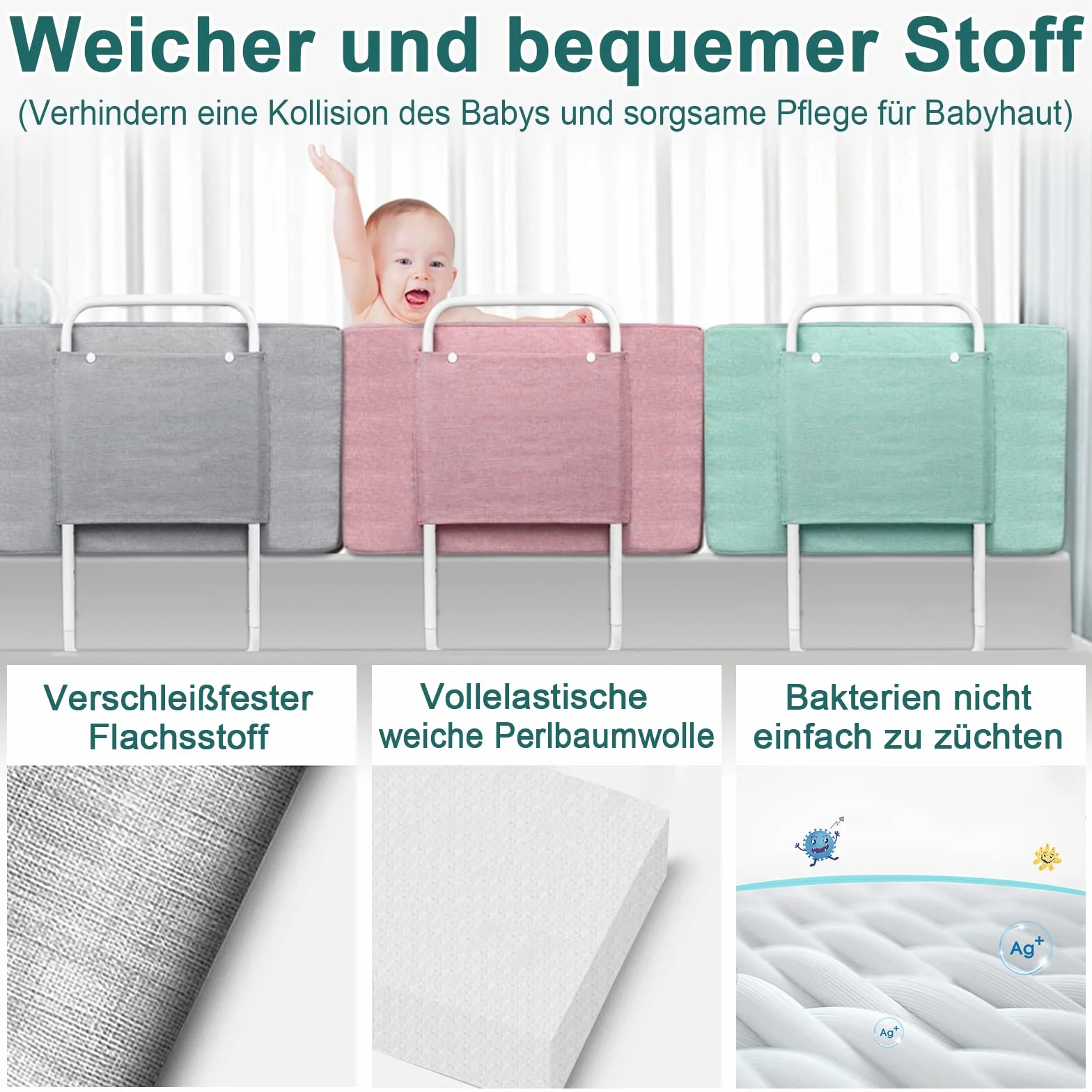 LARS360 - Sponda di protezione per letto per bambini, regolabile in altezza, protezione anticaduta, griglia di sicurezza per bambini per neonati o anziani (50 cm, Verde acqua marina)