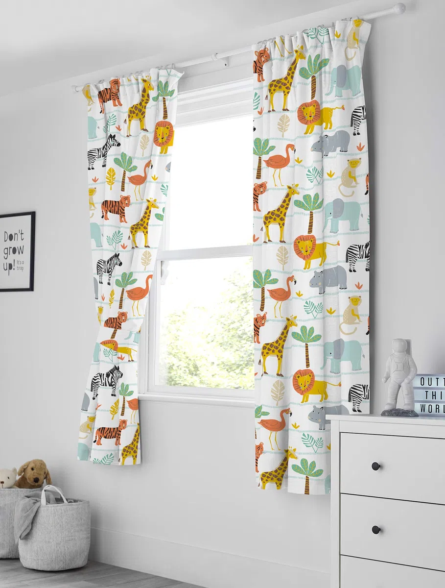 Bloomsbury Mill - Avventura Safari - Animali della Giungla - Coppia Di Tende Foderate Per Bambini Con Fermatenda - 168 cm x 183 cm