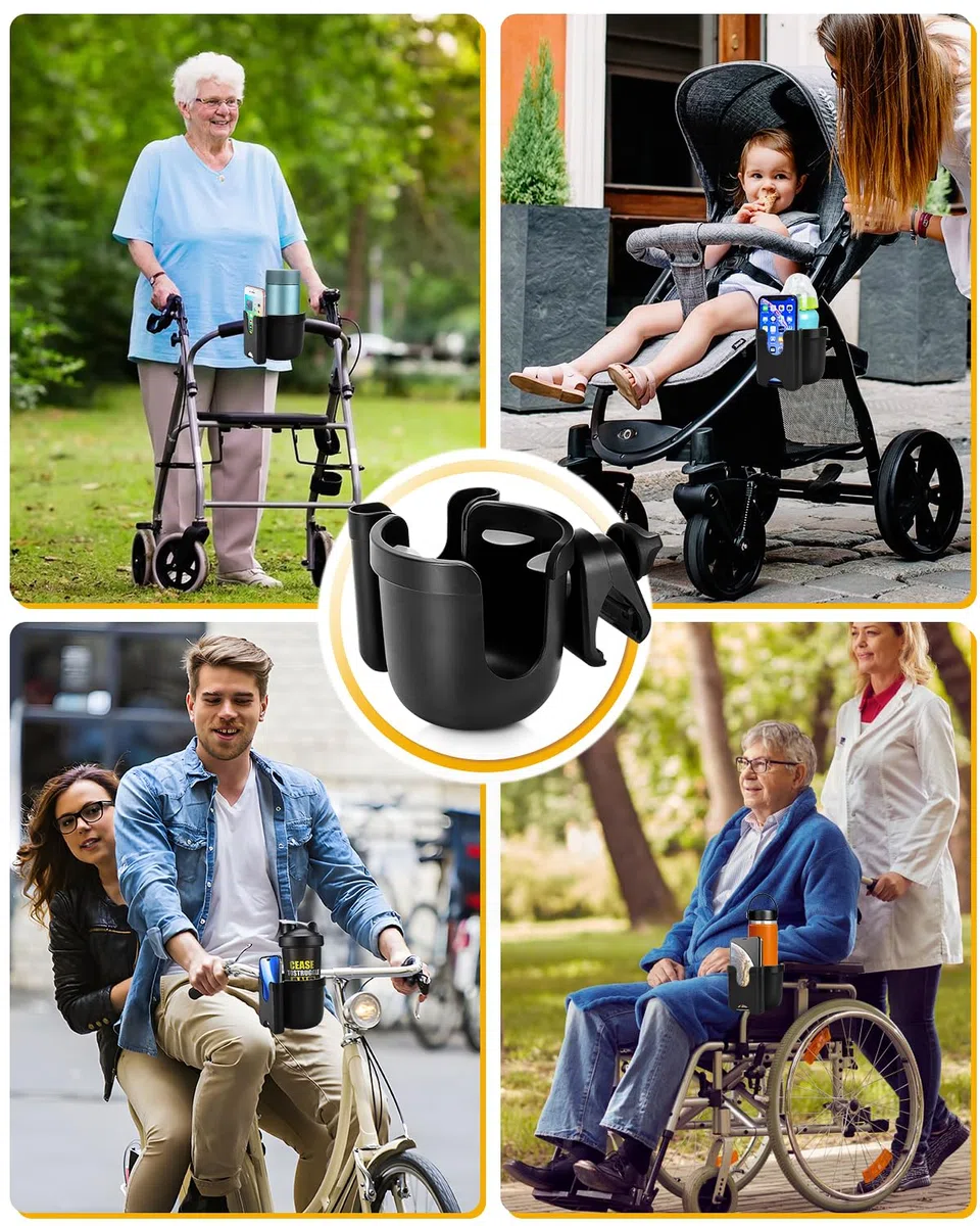 Portabicchieri universale per passeggino con custodia per cellulare, 2 in 1, per passeggini, rotazione a 360 gradi, per bici, passeggino, sedia a rotelle, deambulatore, bicicletta, si adatta alla