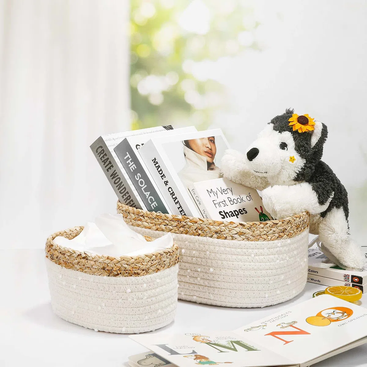 Cesto portaoggetti per bambini, corda di cotone intrecciato, set da 4 pezzi, accessori per il bagno, organizer per il bagno, per la decorazione della cameretta dei bambini, giocattoli