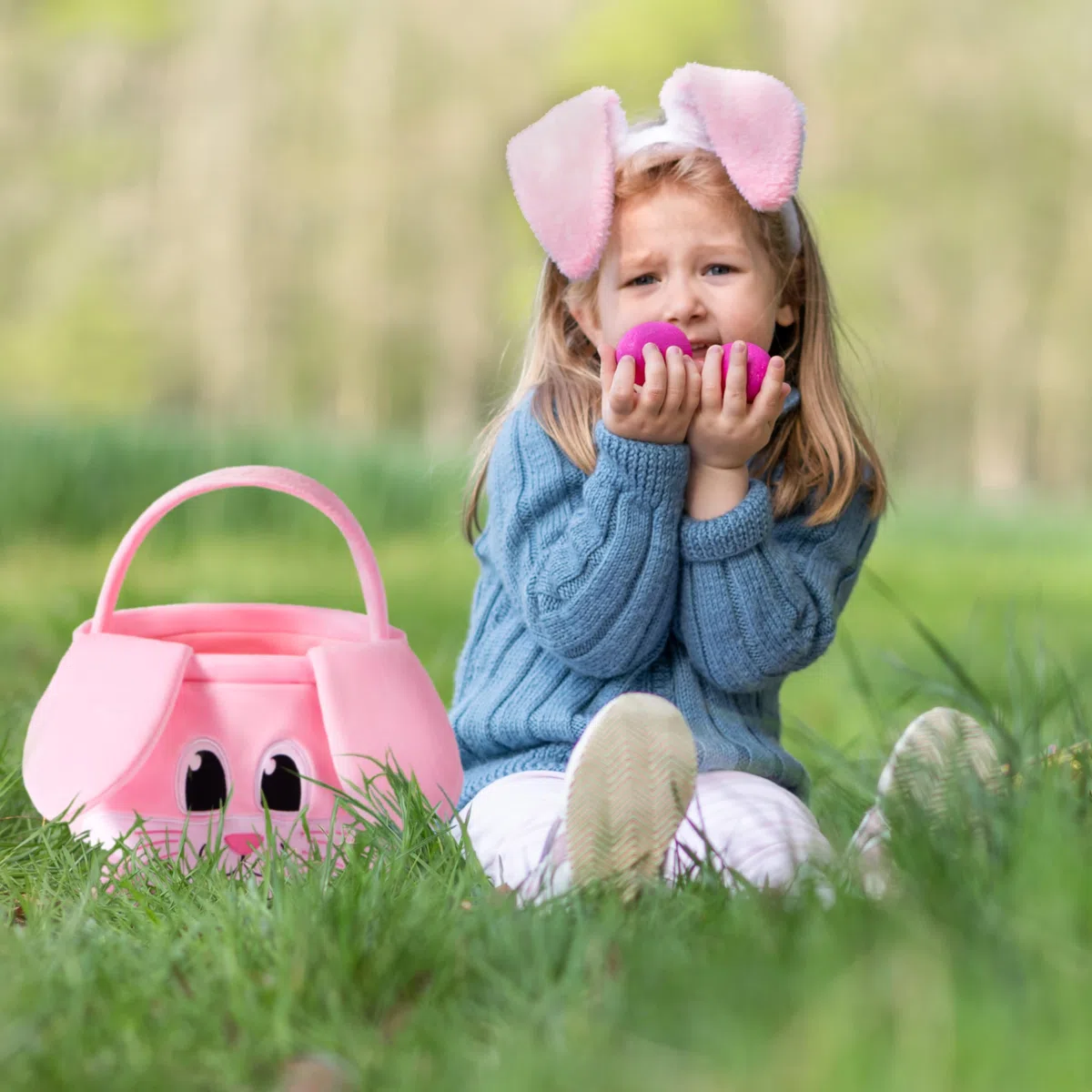 JOYIN Cestino rosa pasquale, 25,4 x 20,3 cm, con orecchie pieghevoli, cestino morbido vuoto con manico, regali di Pasqua per neonati, gioco di caccia alle uova per bambini, sacchetto di caramelle e
