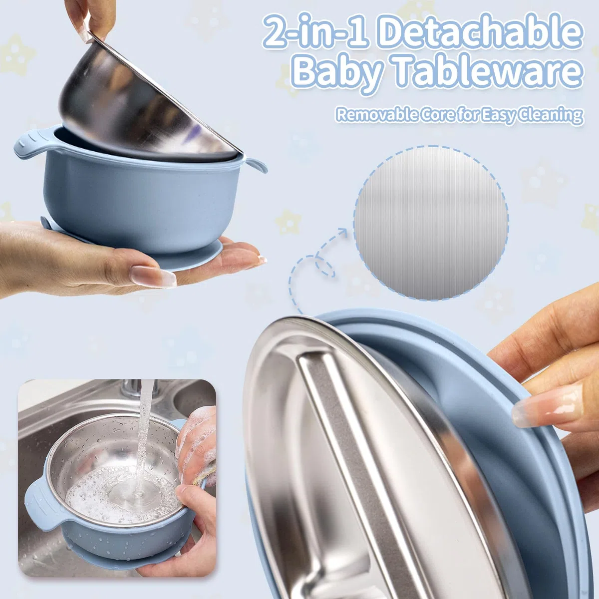 Cofanetto Pasto Bebè 5 Pezzi, Stoviglie in Silicone Antiscivolo con Ventosa: Piatto a 3 Scomparti, Ciotola, Bavaglino, Cucchiaio e Forchetta – Senza BPA per Neonati e Bambini (blu)