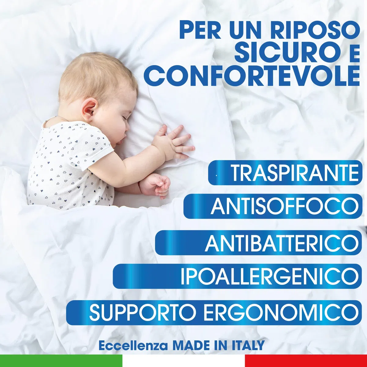 Tex family Cuscino Memory Foam Bambini - Antisoffoco, Traspirante, Ipoallergenico, Sfoderabile - Guanciale Ergonomico per Culla e Lettino - Made in Italy - 40x60 cm