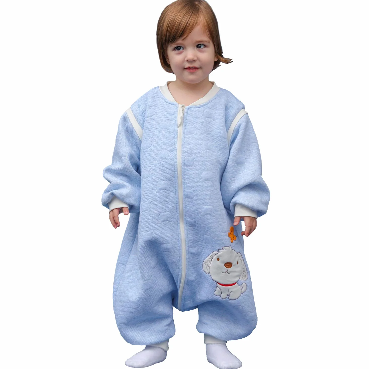 Sacco nanna invernale a maniche lunghe, per bimbe e bimbi, con aperture per i piedi e motivo di cagnolino, in cotone, unisex, per tutto l'anno, Blu 0-16 Monate