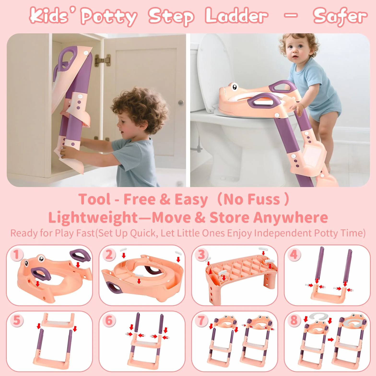 Sedile WC per Bambini con Scale, WC per Bambini, 2 in 1, con Scale, per Ragazzi e Ragazze, Sedile WC con Poliuretano, Regolabile in Altezza e Pieghevole, Antiscivolo con Spritzsc