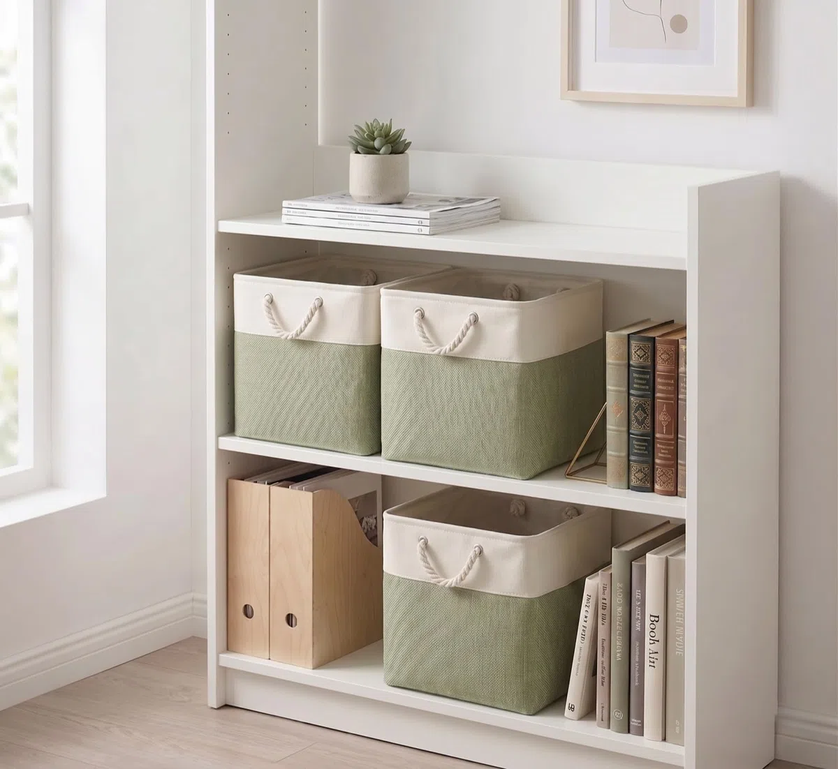 Scatole portaoggetti cubiche in tessuto, 25 x 25 x 25 cm, ceste portaoggetti in tela, per asilo, armadio, giocattoli (verde/bianco, set da 3)