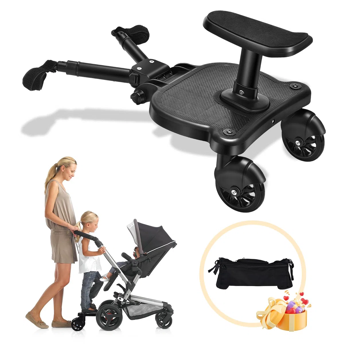 Pedana Passeggino Universale con Sellino, Buggy Board con Borsa per Passeggino, Tavola Passeggino per Adatto al 99% dei Passeggini, per Bambini di 2-6 Anni (Carica 25 kg)